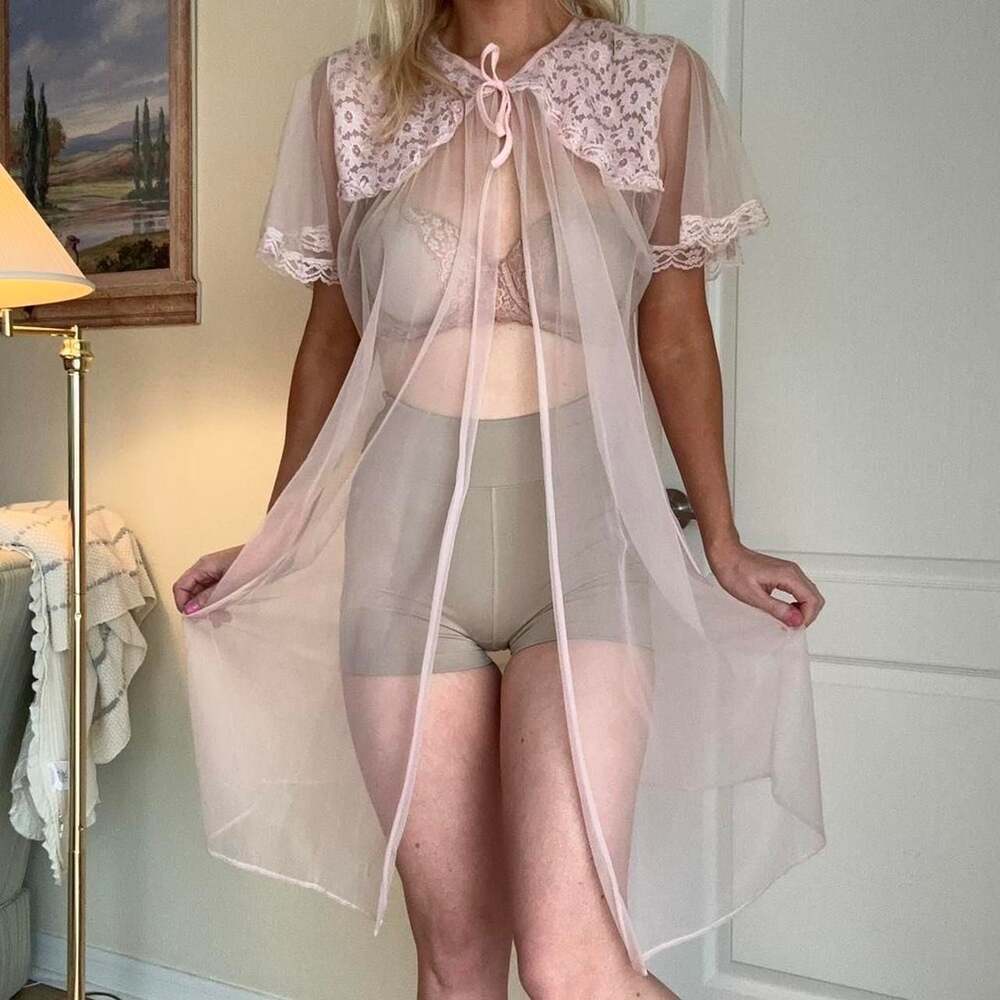 Vintage Baby Pink Sheer Lace Tie-Front Robe